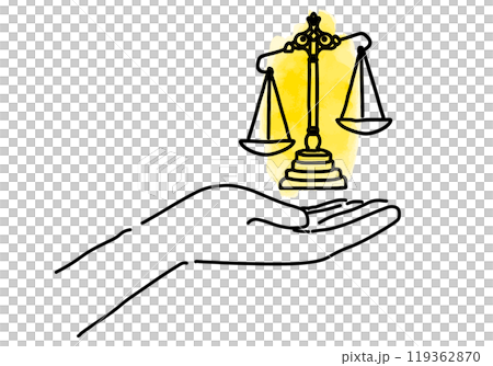 Rough hand-drawn simple line drawing of a scale of justice and a hand 119362870