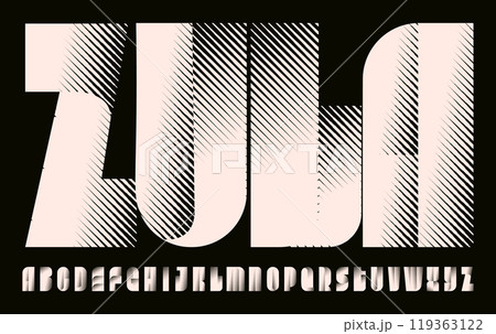 Geometric striped alphabet, retro modern display font, bold logo type with 3D effect, impactful headline typography, sharp and dynamic poster design. Vector typeset. 119363122