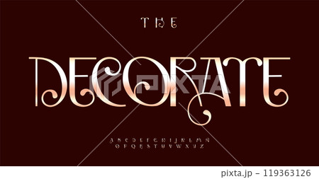 Decorative serif alphabet, luxurious elegant font, artistic logo type, stylish headline typography, refined upscale design. Ornamental font with decorative swirls. Vector typeset 119363126
