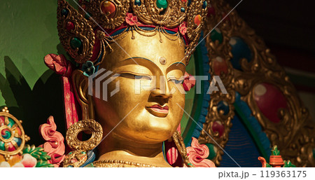 Close-up view on Buddha. Gompas Are Buddhist Altars Or Monasteries Located In Himalayan Region. Altar Represents Triratna -three Jewels-, Buddha, Dharma -discussions And Teachings Of Buddha- And 119363175
