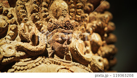 Bhairava, Popular God In Nepal, Is Ferocious Form Of Shiva. He Assumes This Form To Destroy Evil. Wooden Statue Of Mahabhairava. Large And Impressive Heads Of Bhairava Adorning The Entrances Of Bhairava, Popular God In Nepal, Is Ferocious Form Of Shiva. He Assumes This Form To Destroy Evil. Wooden Statue Of Mahabhairava. Large And Impressive Heads Of Bhairava Adorning The Entrances Of 119363208