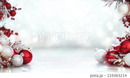 Close up of red and white balls, golden garlands in the background. New Year concept, copy space 119363214