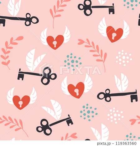 Flying hearts and keys seamless pattern, hand drawn hearts, keys, flowers, leafs, polka dots love background 119363560