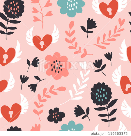 Flying hearts seamless pattern, hand drawn hearts, locks, flowers, leafs, polka dots love illustration 119363573