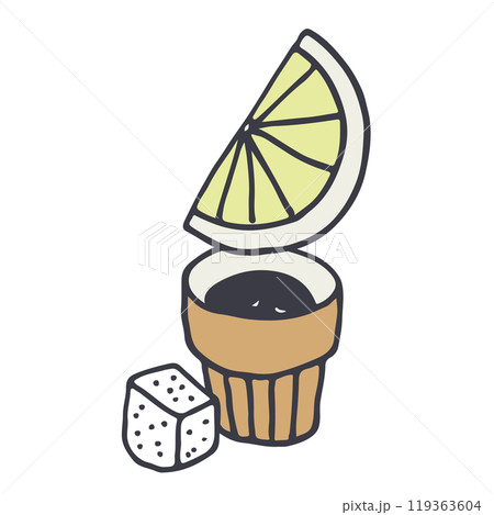 Cup of black tea with slice of lemon and sugar 119363604