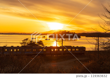 夕暮れの松島を走る仙石線 夕暮れの松島を走る仙石線 119363632