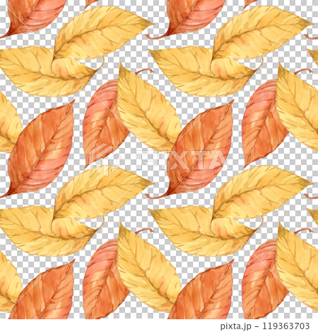 Seamless texture. Autumn leaves painted with watercolors on an isolated background. Leaf fall 2024, yellow, red leaves for printing on fabric, paper, wallpaper, packaging. Seamless texture. Autumn leaves painted with watercolors on an isolated background. Leaf fall 2024, yellow, red leaves for printing on fabric, paper, wallpaper, packaging. 119363703