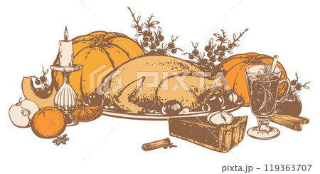 Traditional Thanksgiving dinner. Vector illustration in hand sketch style. Autumn pumpkin pie with whipped cream, mulled wine and baked turkey. Ink drawing in engraving style. 119363707