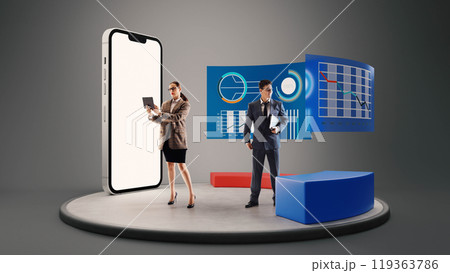 Professionals engage in brainstorming with digital projections in background. Giant smartphone represents the importance of technology in business. 3D rendering. 119363786