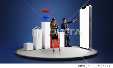 3D rendering. Stepping into digital age, business team leads from platform of innovation and analysis. Corporate focus. 119363793