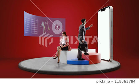 3D rendering. Businessman studies notes, focused on progress, while minimalistic 3D elements create digital workspace. 3D rendering. Businessman studies notes, focused on progress, while minimalistic 3D elements create digital workspace. 119363794