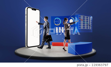 3D rendering. Man and woman, business partners, discuss data analytics, blending traditional business with new digital innovations. 3D rendering. Man and woman, business partners, discuss data analytics, blending traditional business with new digital innovations. 119363797