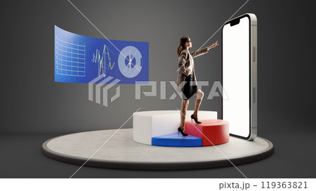 With backdrop of charts and graphs, professional woman presents ideas, standing on bold red, blue, and white blocks. 3D rendering. With backdrop of charts and graphs, professional woman presents ideas, standing on bold red, blue, and white blocks. 3D rendering. 119363821
