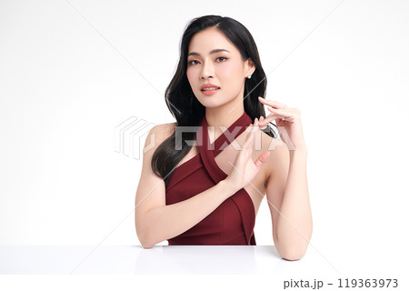 Beautiful young asian woman with clean fresh skin on white background, Face care, Facial treatment, Cosmetology, beauty and spa, Asian women portrait. 119363973