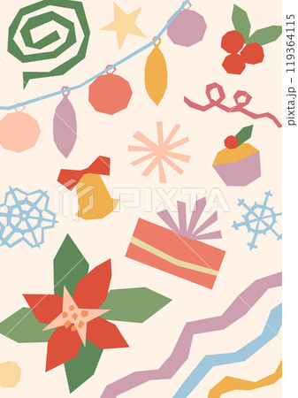 Colorful Merry Christmas card vector illustration, hand drawn geometric style. Festive xmas design with poinsettia, git box, garland on pastel pink background. Happy New year poster in retro colors Colorful Merry Christmas card vector illustration, hand drawn geometric style. Festive xmas design with poinsettia, git box, garland on pastel pink background. Happy New year poster in retro colors 119364115
