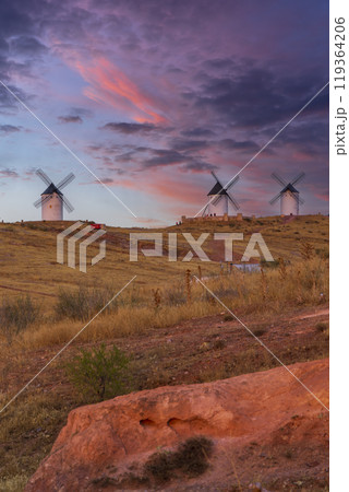 Windmills near Alcazar de San Juan, Toledo, Castilla La Mancha, Spain 119364206