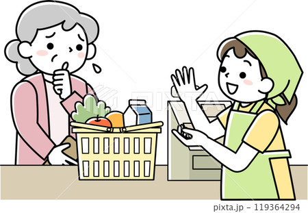 レジで困っているシニア女性と笑顔で丁寧に対応する店員 119364294