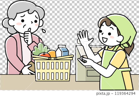 一位在收銀台遇到麻煩的高級女士和一名店員微笑著禮貌地回應 一位在收銀台遇到麻煩的高級女士和一名店員微笑著禮貌地回應 119364294