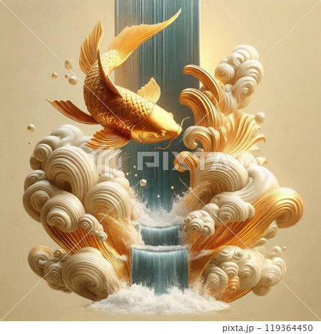 金色の鯉の滝登りは成功と繁栄の象徴 119364450