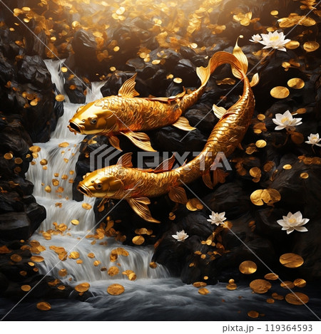 富と繁栄をもたらす黄金の鯉の躍動のイラスト素材 [119364593] - PIXTA