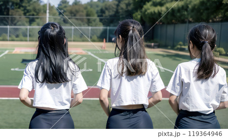 テニスコートに並ぶ3人女子学生の後姿,generative ai_ワイド 119364946