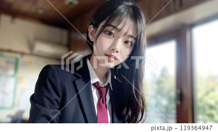 教室で上から見下ろす綺麗な女子高校生,generative ai_ワイド 119364947
