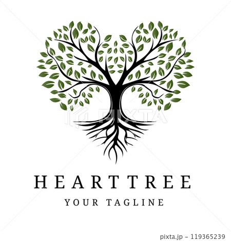 Love Tree Design. Heart shaped tree with Growing Roots and Natural Life Logo Illustration 119365239