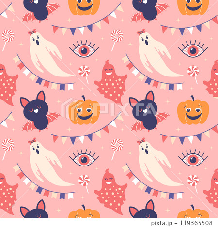 Seamless Halloween pattern with cute ghosts, pumpkins, bats and flags garlands. Flat style illustration 119365508