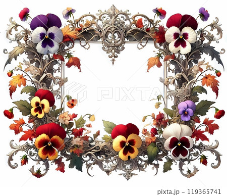 紅葉とパンジーとビオラをモチーフにしたフレーム素材 119365741
