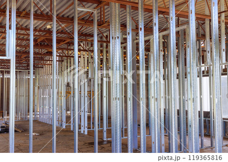 Construction of large commercial building uses steel beams profiles 119365816