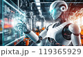 ホログラムスクリーンに向かって働く人間型ロボット　AI　人工知能 119365929