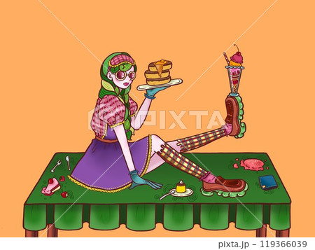 カフェ店員の女の子 オレンジ背景 カフェ店員の女の子 オレンジ背景 119366039
