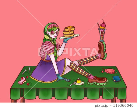 カフェ店員の女の子　ピンク背景 119366040
