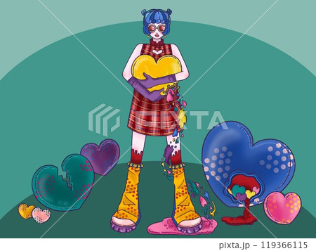 ハートの世界にいる女の子 緑背景 ハートの世界にいる女の子 緑背景 119366115