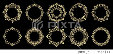 Set of decorative frames Elegant vector element for design in Eastern style, place for text. Floral black and golden borders. Lace illustration for invitations and greeting cards 119366144
