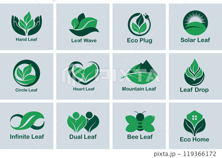 Eco-Friendly Logo Set, Nature-Inspired Symbols with Leaves, House, Mountain, and etc nature elements. Eco-Friendly Logo Set, Nature-Inspired Symbols with Leaves, House, Mountain, and etc nature elements. 119366172