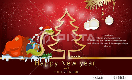 Illustration of the New Year and Christmas A snake crawls out of a gift bag next to a spruce tree in the form of an outline 119366333