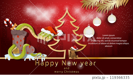 Illustration of the New Year and Christmas A snake crawls out of a gift sock next to a spruce tree in the form of a contour 119366335