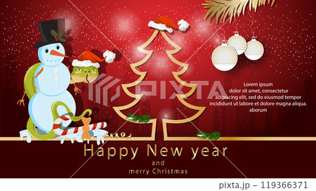 Illustration of the New Year and Christmas A snake wraps around a Snowman next to a spruce tree in the form of a contour 119366371