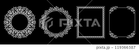 Set of decorative frames Elegant vector element for design in Eastern style, place for text. Floral black and white borders. Lace illustration for invitations and greeting cards. Set of decorative frames Elegant vector element for design in Eastern style, place for text. Floral black and white borders. Lace illustration for invitations and greeting cards. 119366387