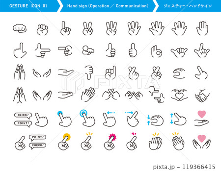ハンドサインのアイコンセット。手のジェスチャー。シンプルイラスト。操作、ポーズ、コミュニケーション。 119366415