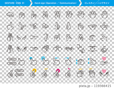 ハンドサインのアイコンセット。手のジェスチャー。シンプルイラスト。操作、ポーズ、コミュニケーション。 119366415
