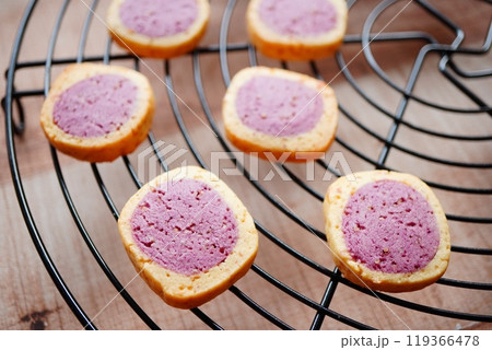 10歳の子供と自宅で焼いた手作りのクッキー。紫芋味のアイスボックスクッキー 10歳の子供と自宅で焼いた手作りのクッキー。紫芋味のアイスボックスクッキー 119366478