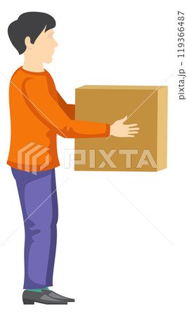 Boy carrying cardboard box. Heavy package lifting 119366487