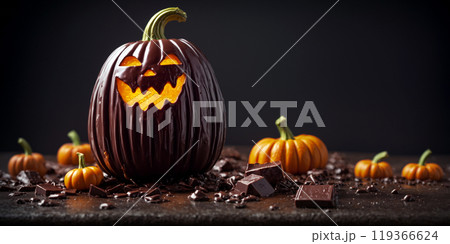 Halloween chocolate pumpkin filled with orange-colored jelly filling.Decorated with pumpkins and pieces of chocolate scattered around the table. Halloween food concept or design 119366624
