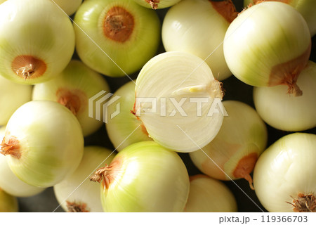 沢山の並べた新鮮な玉ねぎの集合写真 119366703