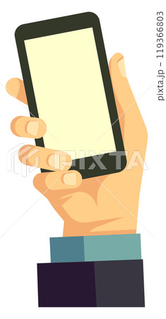 Smartphone app icon. Male hand hold phone with blank screen Smartphone app icon. Male hand hold phone with blank screen 119366803