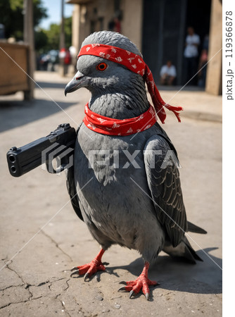 Funny pigeon gangster holds a hand gun in its wing, wearing red scarf and shawl on head. Creative street art. Animal fashion. Abstract photography 119366878