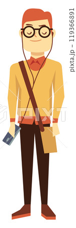 Modern student with audio player and headphones. Young guy listen music Modern student with audio player and headphones. Young guy listen music 119366891