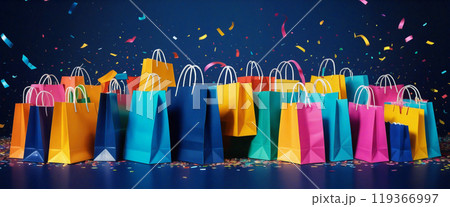 Colorful shopping bags celebrating successful shopping spree 119366997